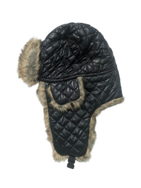 POP Headwear Quilted Trapper Hat Black Faux Fur Ear Flaps One Size